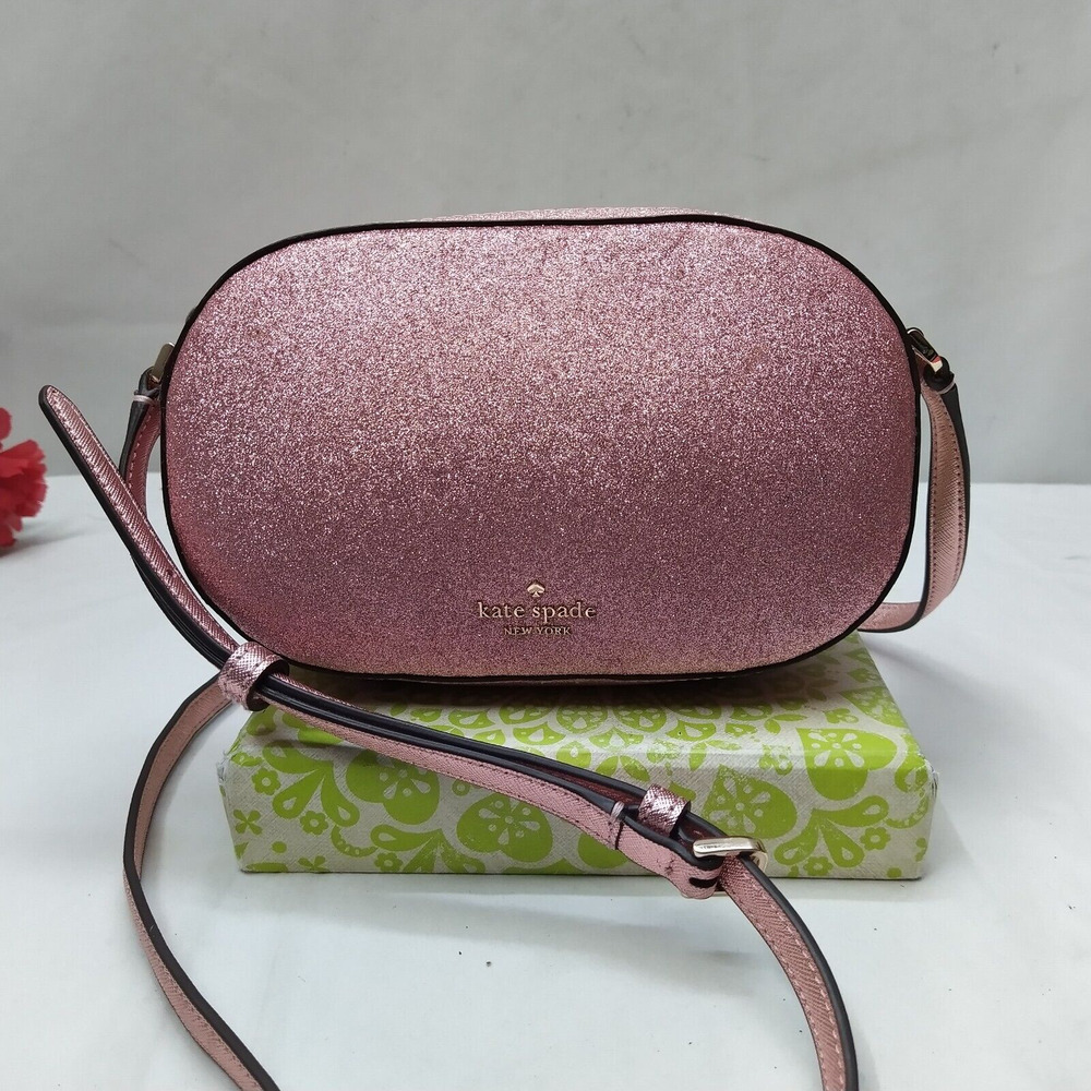 Kate Spade New York Pink Glitter Leather Trim Zipper Closure Crossbody Bag